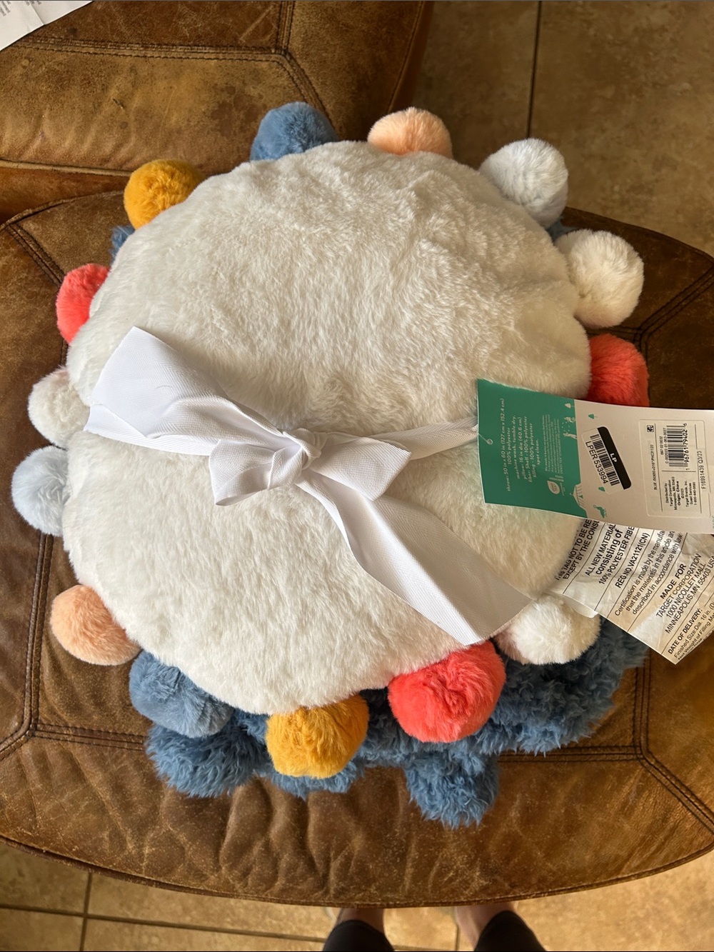 Pillowfort Plush White Throw with Multicolor Pom-Pom Trim